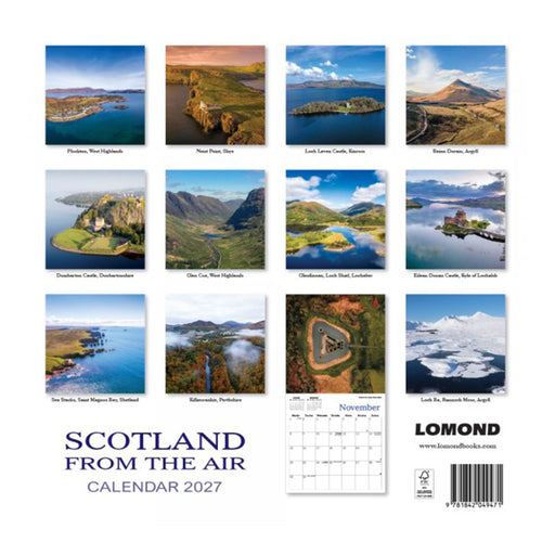 Scotland from the Air 2027 wall calendar showing a 12-month grid of aerial landscape photographs with titles beneath each image, plus a November calendar page sample and product branding at the bottom. - Image