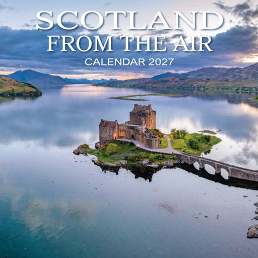 A square calendar cover for 'SCOTLAND FROM THE AIR CALENDAR 2027' featuring a scenic photograph of Eilean Donachair island and bridge over a lake, with mountains in the background under a cloudy sky. - Image