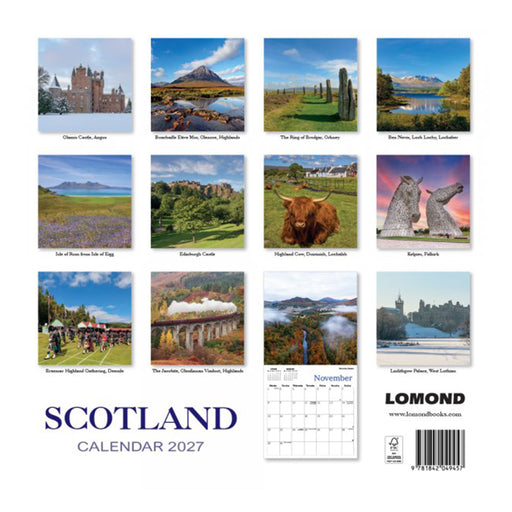 Scotland calendar 2027 by Lomond, featuring a 3x4 grid of twelve scenic photographs with place names, plus a small monthly calendar preview and product branding at the bottom. - Image