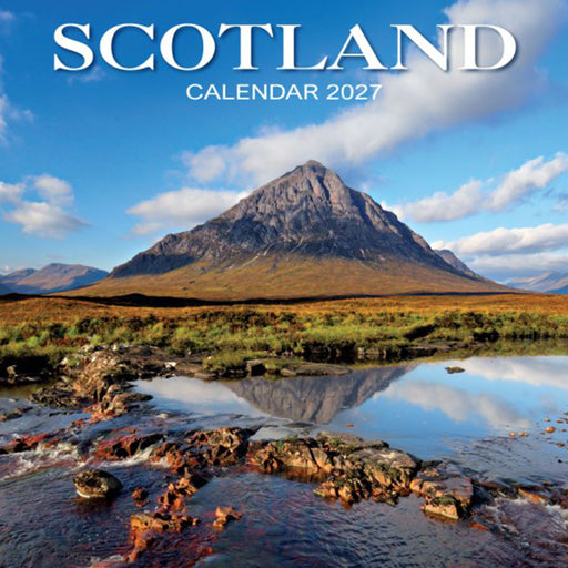 Scotland Calendar 2027 wall calendar cover featuring a scenic landscape photograph of a mountain reflected in a stream, with the title 'SCOTLAND CALENDAR 2027' at the top. - Image