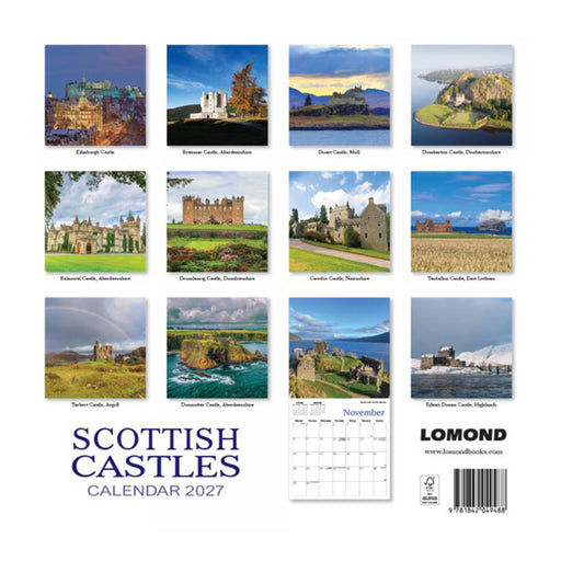 Scottish Castles 2027 wall calendar by Lomond, featuring a 12-square collage of castle and landscape photographs with the title 'SCOTTISH CASTLES CALENDAR 2027' and a small November calendar preview on a white background. - Image