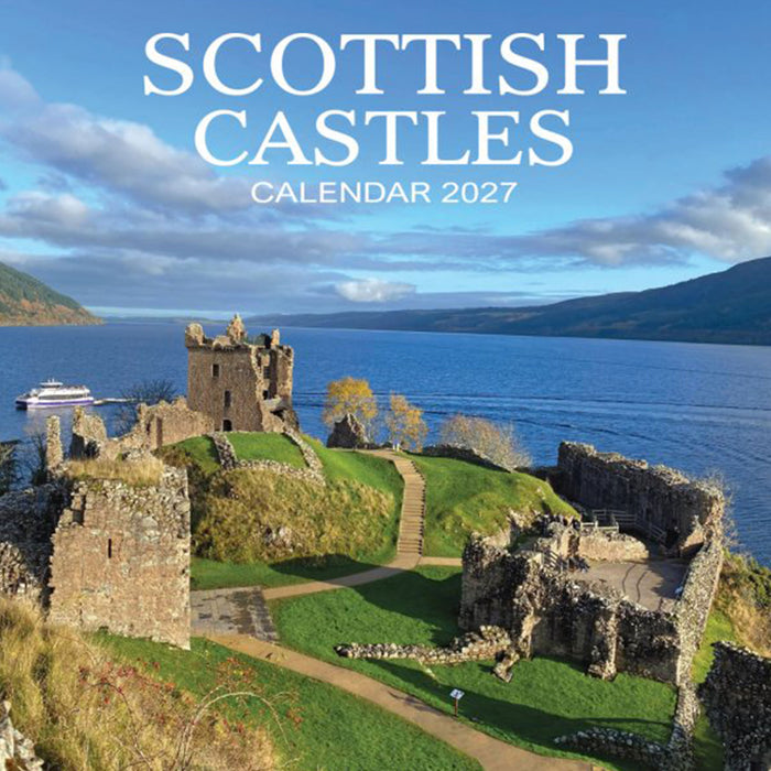 Square cover art for a 2027 calendar titled 'SCOTTISH CASTLES CALENDAR 2027', showing a scenic view of historic stone castles on grassy hills beside a blue sea with mountains in the background under a blue sky. - Image