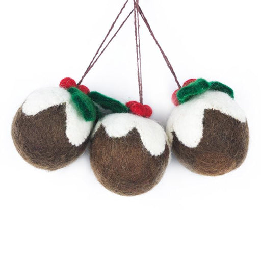 Three felted Christmas pudding ornaments on a white background - Image