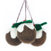 Three felted Christmas pudding ornaments hanging on a branch against a white background. - Image