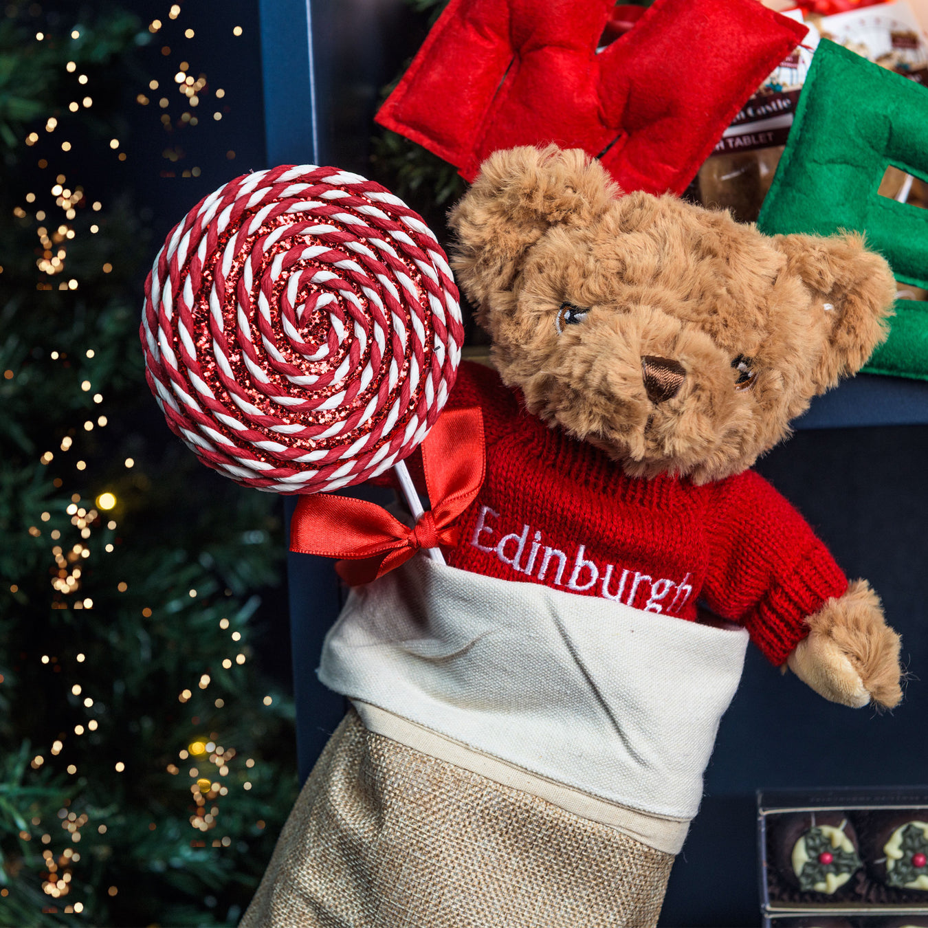 Teddy bear in a red sweater with 'Edinburgh' holding a large lollipop, Christmas tree in the background - Image