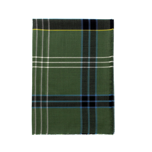 A green plaid scarf with black, blue, white, and yellow stripes, displayed flat against a solid white background. - Image