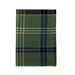 A green plaid scarf with black, blue, white, and yellow stripes, displayed flat against a solid white background. - Image