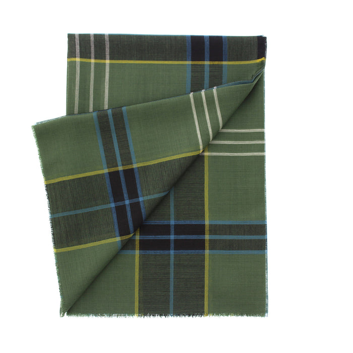 A folded green plaid scarf with fringed edges, featuring intersecting stripes of navy, light blue, yellow, and white on a solid white background. - Image