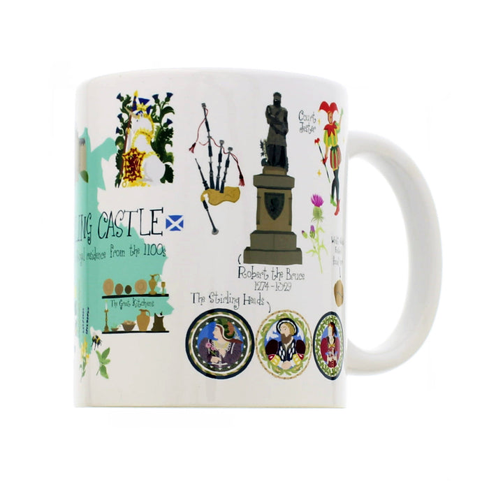 Mug with Scottish-themed illustrations and text on a white background - Image