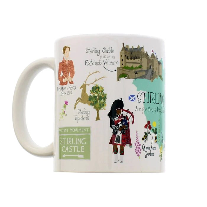 Mug with illustrations of Stirling Castle and Scottish-themed designs on a white background - Image