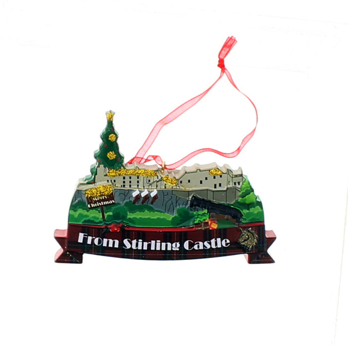 Decorative Christmas ornament of Stirling Castle with a tree and tartan design on a white background. - Image