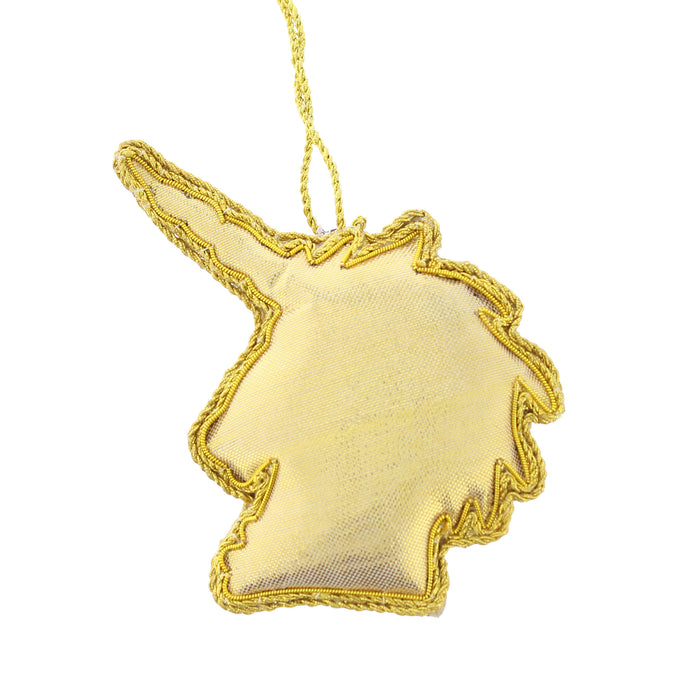 Back of the Unicorn decoration showing plush gold fabric.  - Image