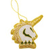An embroidered unicorn head hanging decoration with a gold metallic border, a white face, green details, and a gold hanging loop. - Image