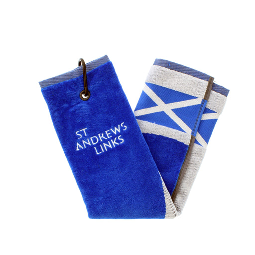 Blue towel with 'St Andrews Links' text and Saltire on a white background - Image