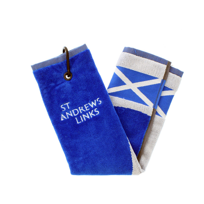 Blue towel with 'St Andrews Links' text and Saltire on a white background - Image