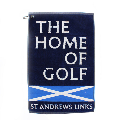 Navy blue towel with white text and a saltire design, featuring 'The Home of Golf St Andrews Links'. - Image