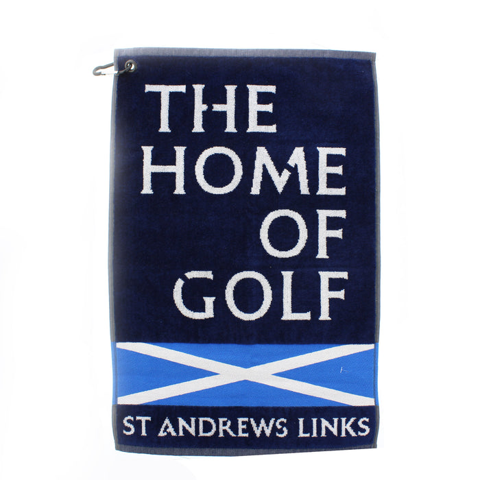 Navy blue towel with white text and a saltire design, featuring 'The Home of Golf St Andrews Links'. - Image
