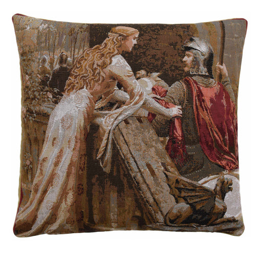 Decorative pillow with a classical scene of a woman and a man in a historical setting. - Image