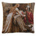 Decorative pillow with a classical scene of a woman and a man in a historical setting. - Image