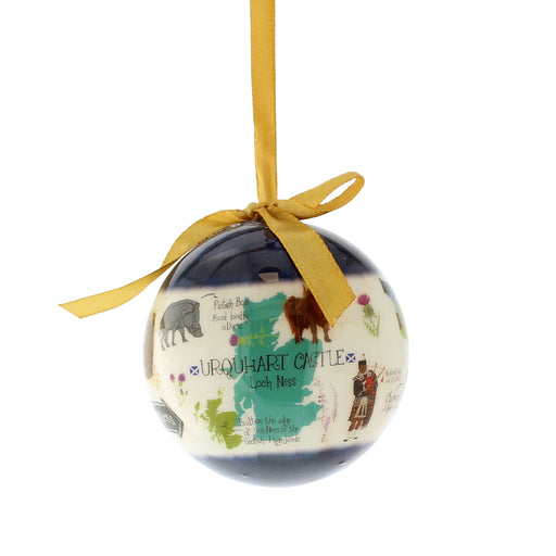 A spherical  Christmas bauble featuring a printed map of Scotland and local landmarks with a yellow ribbon hanging loop at the top - Image