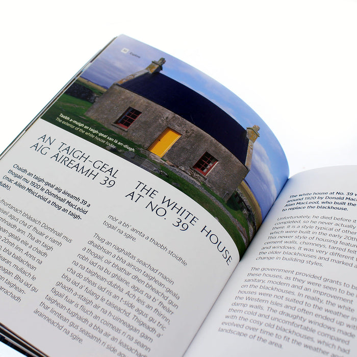 pages from the Arnol & Blackhouse guidebook showing an old dwelling and text in both Gaelic & English.  - Image