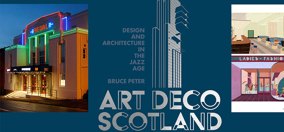 Pages from the Art Deco Scotland book against a blue background - Image
