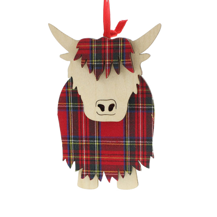 wooden hanging highland cow decoration with red tartan print - Image