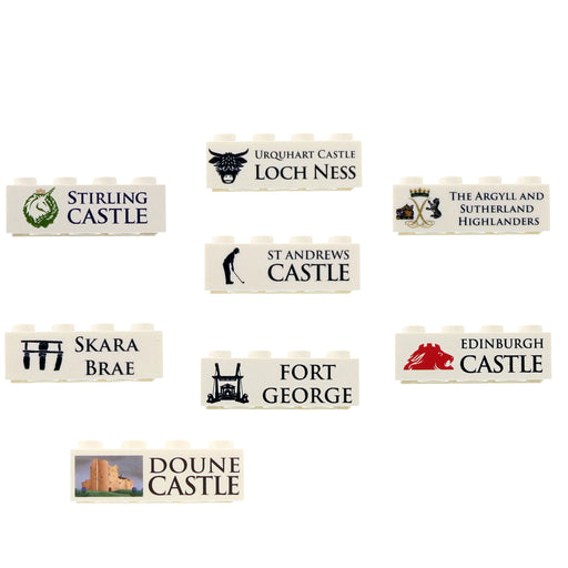 Collection of Scottish castle-themed bricks on a white background - Image