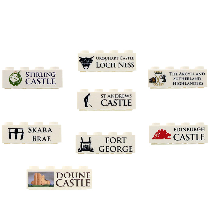 Collection of Scottish castle-themed bricks on a white background - Image