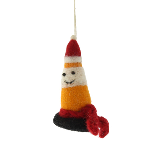 A felted wool ornament shaped like a traffic cone, featuring a red Santa hat, a smiling face, a red scarf, and a hanging loop at the top, shown against a plain white background. - Image