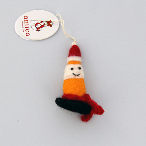 A handmade felted wool ornament shaped like a traffic cone with a smiling face, wearing a red and white Santa hat and a red scarf. - Image