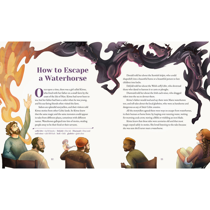 Illustrated page with people and a script detailing 'how to escape a waterhorse' and   - Image