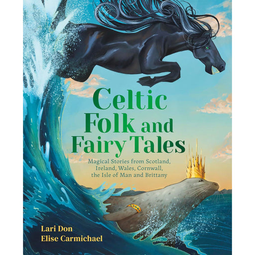 Book cover of Celtic Folk & Fairy Tales features illustrated black horse leaping over the sea. - Image