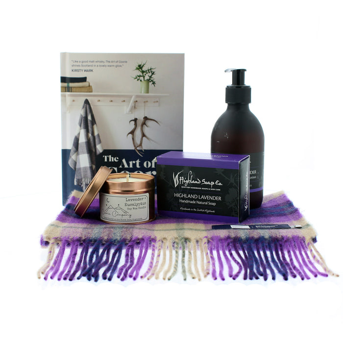 Gifting set with Highland Lavender soap, candle, and blanket on a white background - Image