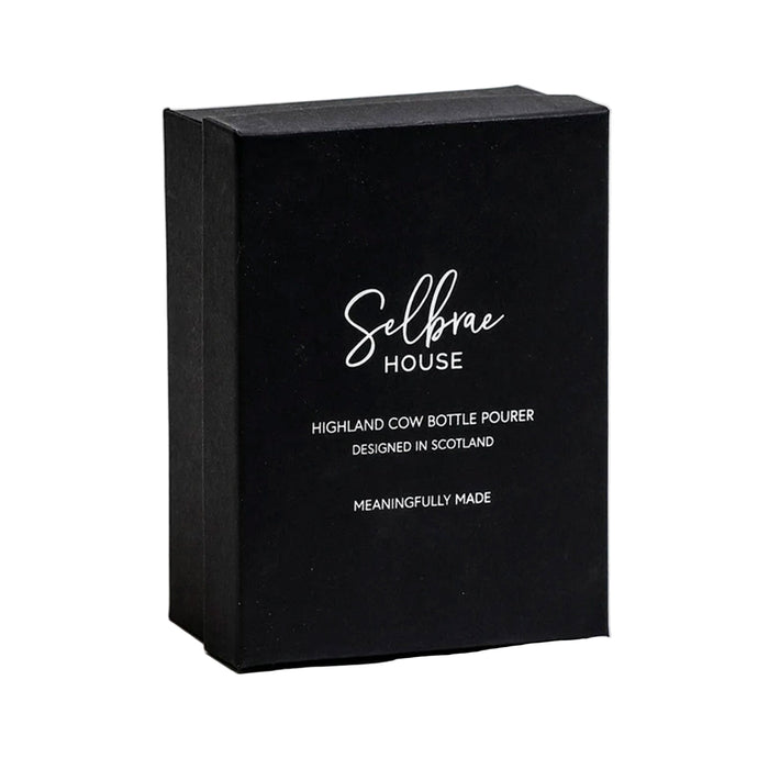 Black presentation box for the Highland Cow bottle pourer with 'Selbrae House' branding on a white background - Image