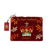A rectangular burgundy velvet pouch with gold embroidered text reading 'The royal treatment please!' and a large embroidered crown motif in the center. The pouch is decorated with orange floral embroidery and small gold beads. - Image