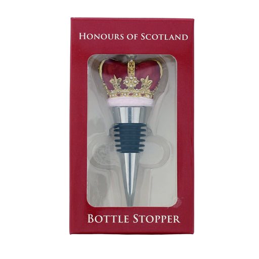 Red Crown topped bottle stopper in a red presentation box with white text reading 'HONOURS OF SCOTLAND and 'BOTTLE STOPPER'.  - Image