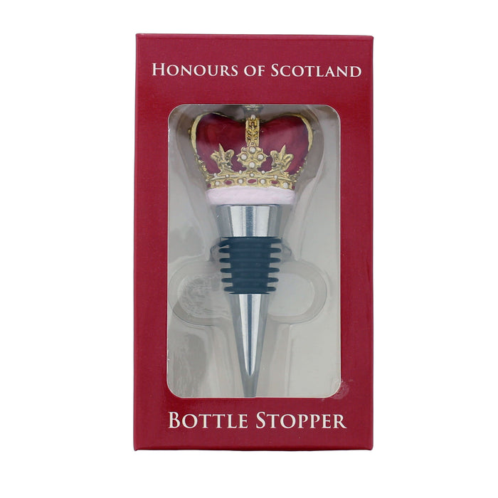 Red Crown topped bottle stopper in a red presentation box with white text reading 'HONOURS OF SCOTLAND and 'BOTTLE STOPPER'.  - Image