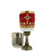 Red and Gold goblet with intricate gold design, white trims, and a bronze stem. The removable silver hardware insert is placed at the side.  - Image