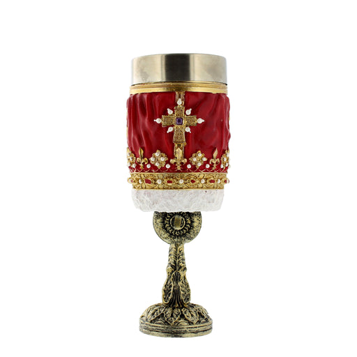 Red and Gold goblet with intricate gold design, white trims, silver hardware insert and a bronze stem.  - Image