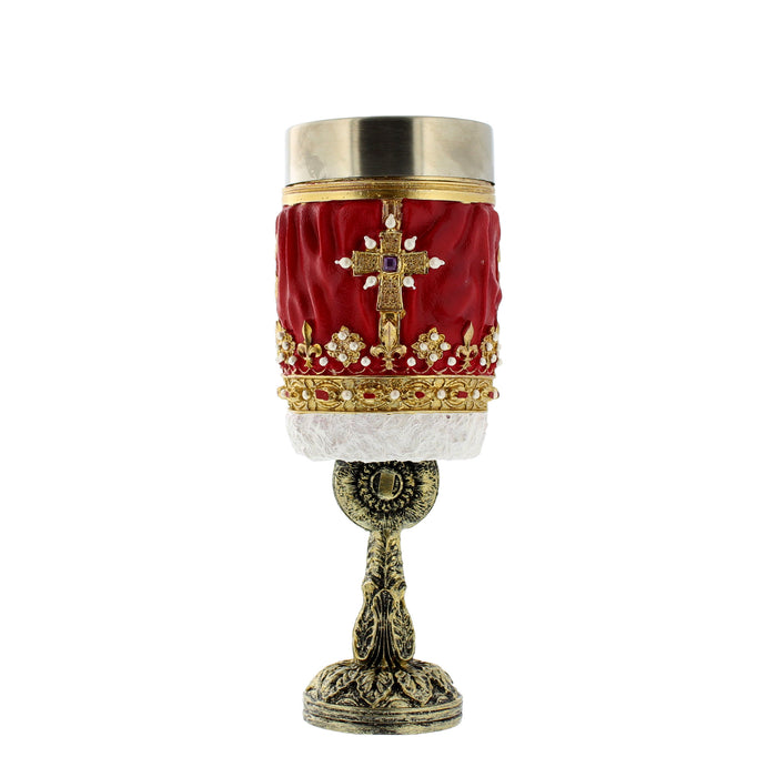 Red and Gold goblet with intricate gold design, white trims, silver hardware insert and a bronze stem.  - Image