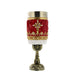 Red and Gold goblet with intricate gold design, white trims, silver hardware insert and a bronze stem.  - Image