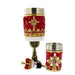 set of crown inspired stemware including a tot cup, goblet and bottle stopper.  - Image