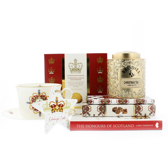 Contents of Crown Hamper: book, tea, food and decorative items.  - Image