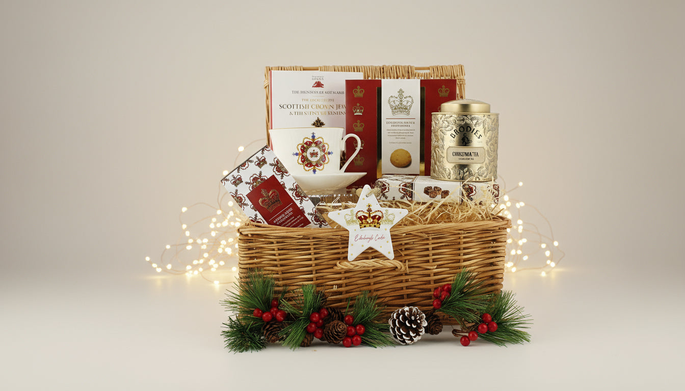 Gift basket containing Edinburgh Castle Crown Tea, Shortbread, decoration, chocolates, a book and a matching cup & saucer set.  - Image