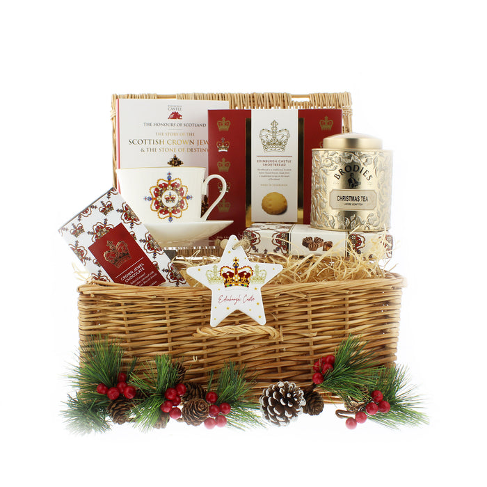 Gift basket with Edinburgh Castle gifts on a light background.  - Image