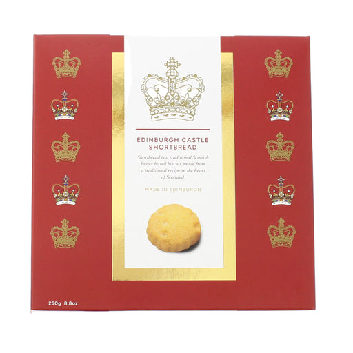 Edinburgh Castle Crown Shortbread packaging with a red background and gold accents - Image