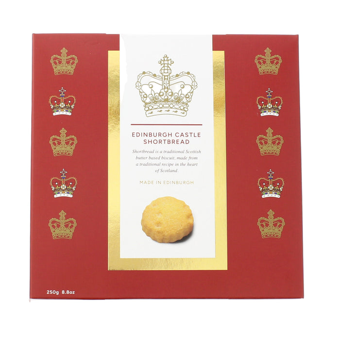 Edinburgh Castle Crown Shortbread packaging with a red background and gold accents - Image