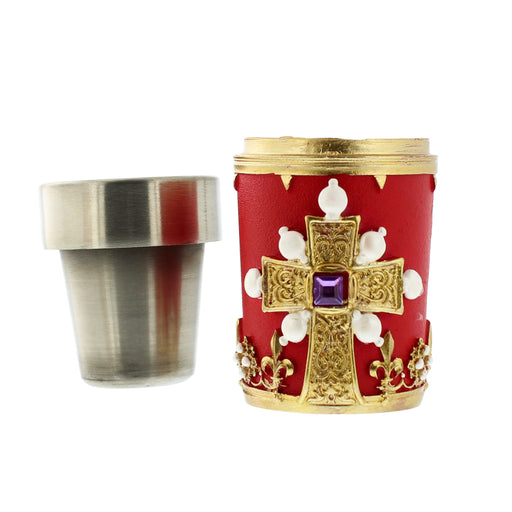 Red tot cup with it's silver inner. The tot features gold cross design, purple stone and gold trim - Image