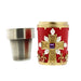 Red tot cup with it's silver inner. The tot features gold cross design, purple stone and gold trim - Image